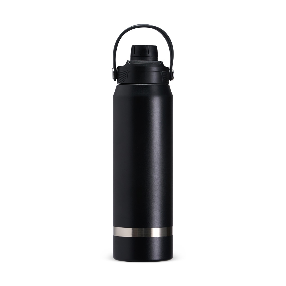 Garrafa térmica 800 ml de inox com alça em arco e anel na base na cor Preto, personalizada com a logo da empresa