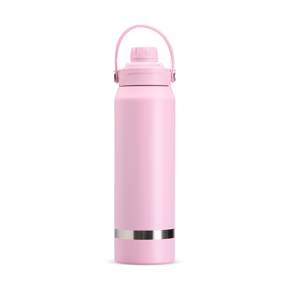 Garrafa térmica 800 ml de inox com alça em arco e anel na base personalizada com a logo da empresa, na cor rosa