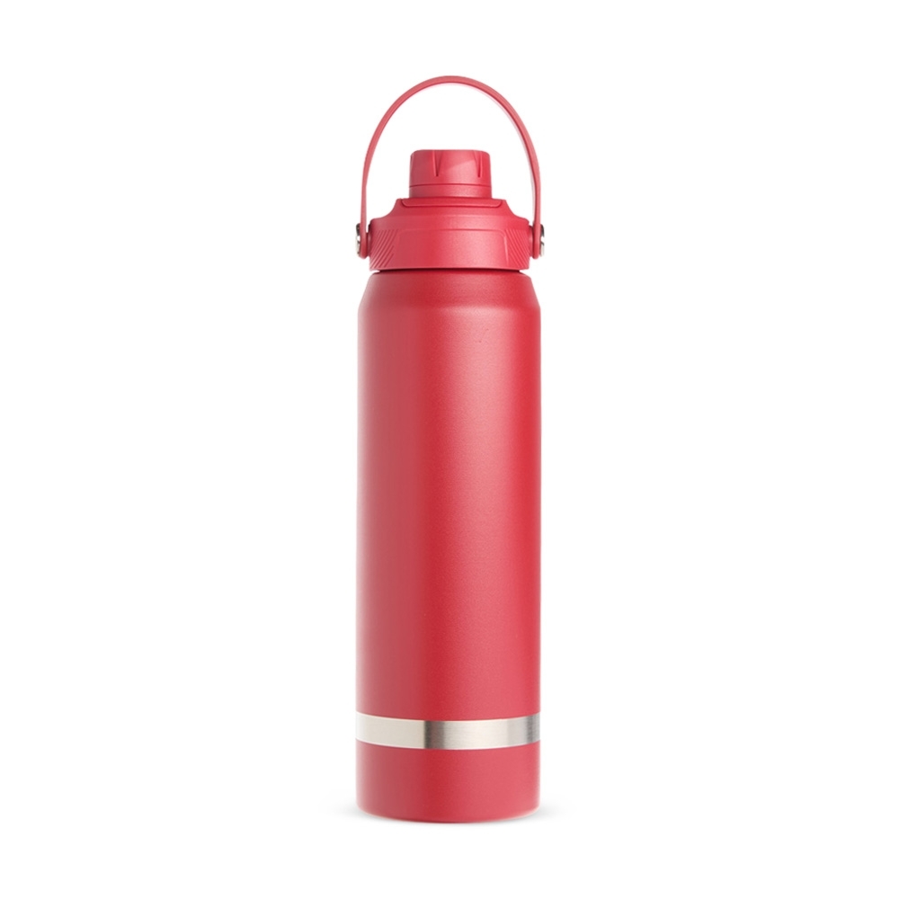 Garrafa térmica 800 ml de inox com alça em arco e anel na base personalizada com a logo da empresa, na cor vermelho