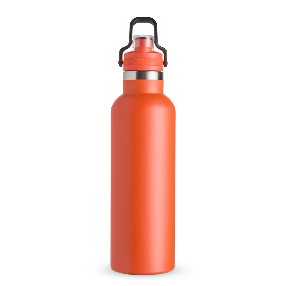 Garrafa térmica 800 ml de inox com trava de segurança na alça personalizada com a logo da empresa, na cor laranja