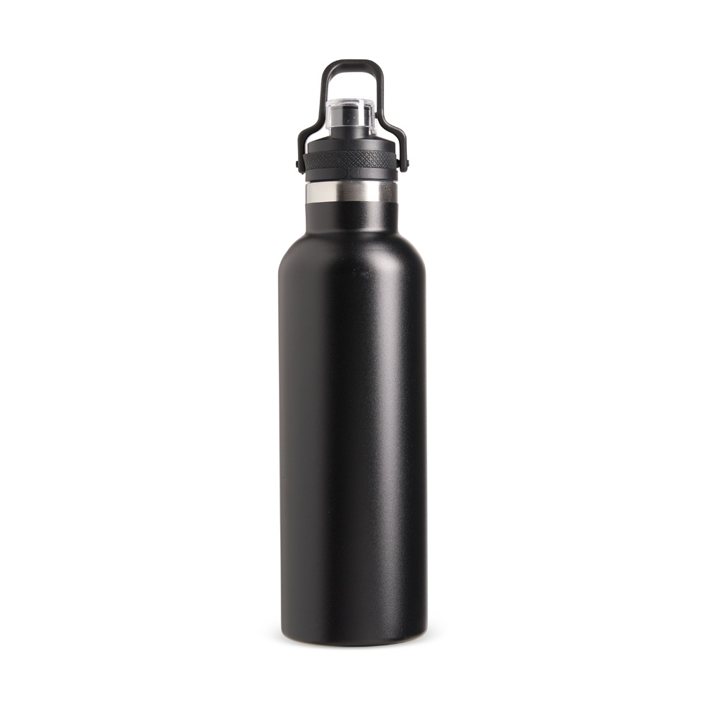 Garrafa térmica 800 ml de inox com trava de segurança na alça na cor Preto, personalizada com a logo da empresa