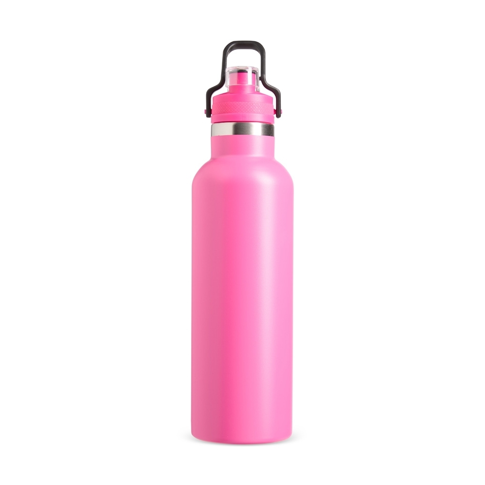 Garrafa térmica 800 ml de inox com trava de segurança na alça personalizada com a logo da empresa, na cor rosa escuro