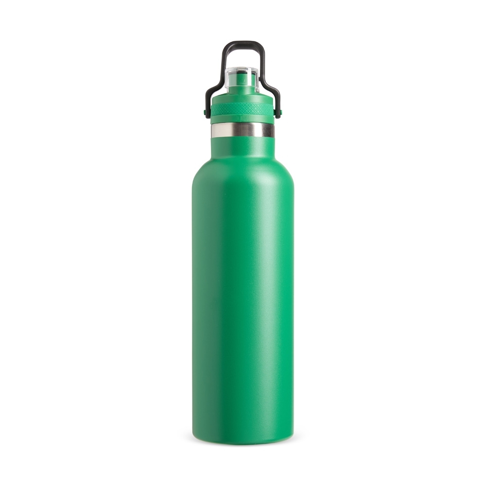 Garrafa térmica 800 ml de inox com trava de segurança na alça personalizada com a logo da empresa, na cor verde