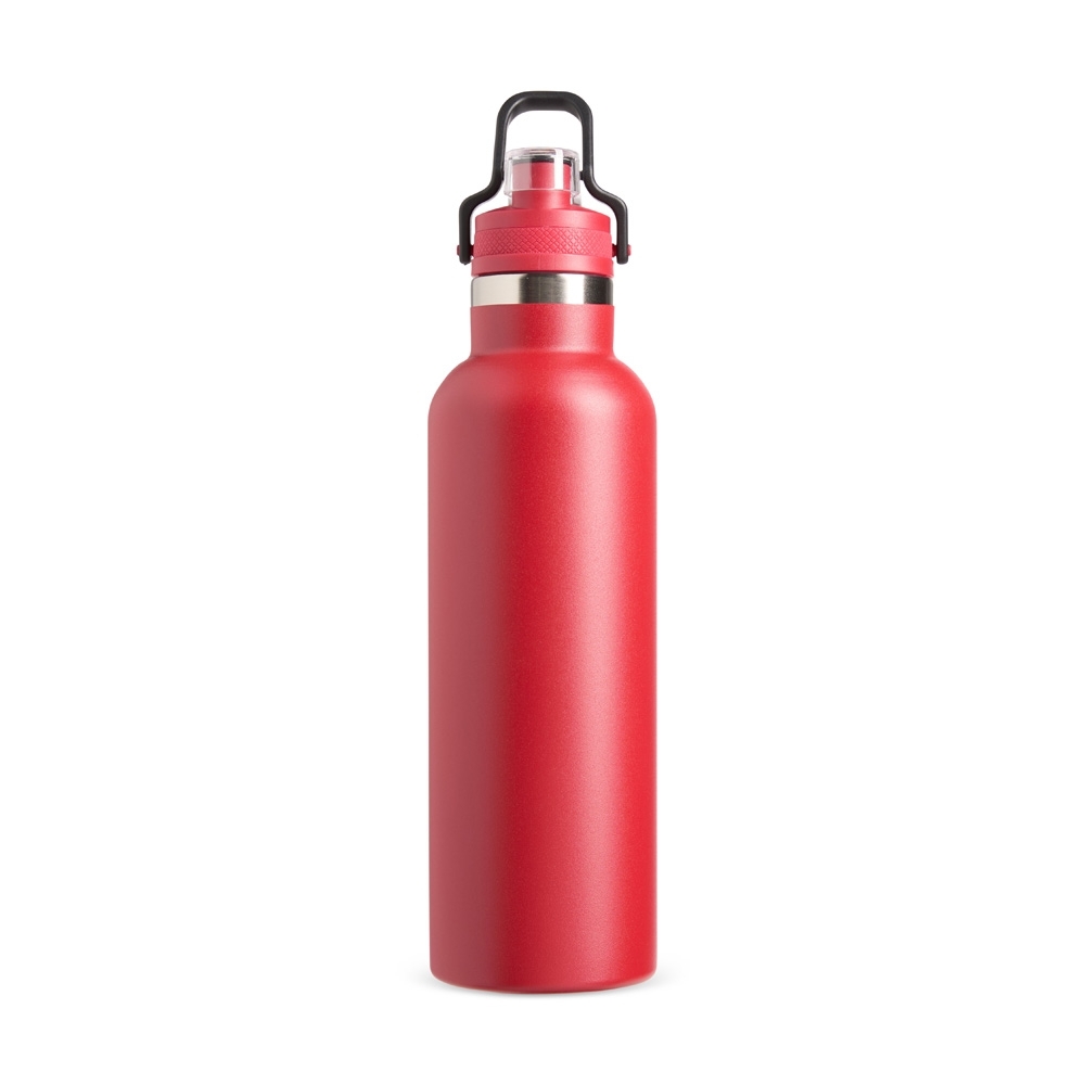 Garrafa térmica 800 ml de inox com trava de segurança na alça personalizada com a logo da empresa, na cor vermelho