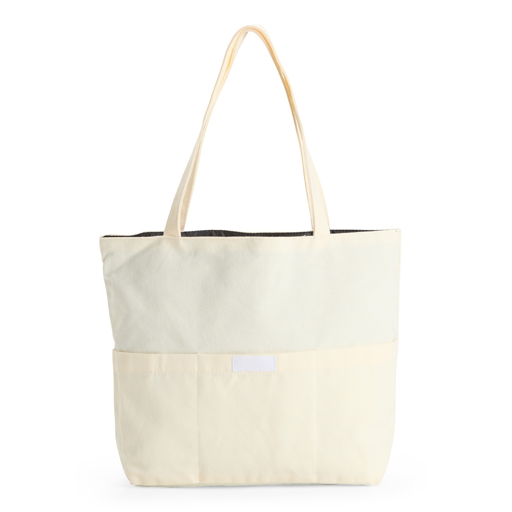 Sacola de lona 356 g/m² com bolso frontal personalizada com a logo da empresa, na cor bege