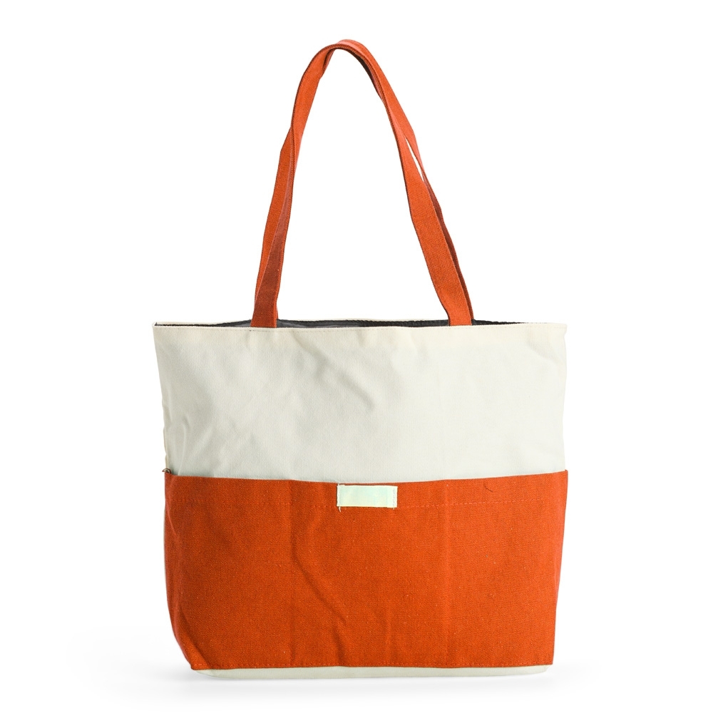 Sacola de lona 356 g/m² com bolso frontal personalizada com a logo da empresa, na cor laranja