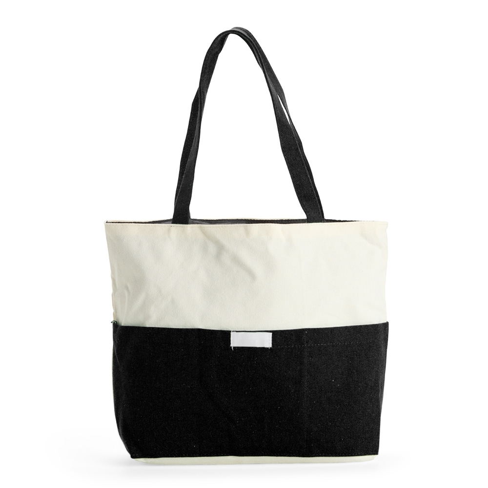 Sacola de lona 356 g/m² com bolso frontal na cor Preto, personalizada com a logo da empresa