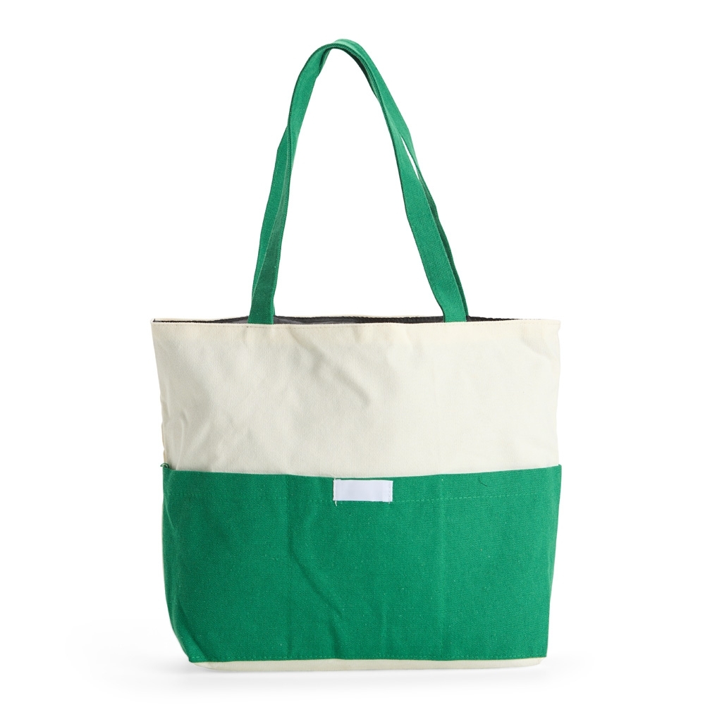 Sacola de lona 356 g/m² com bolso frontal personalizada com a logo da empresa, na cor verde