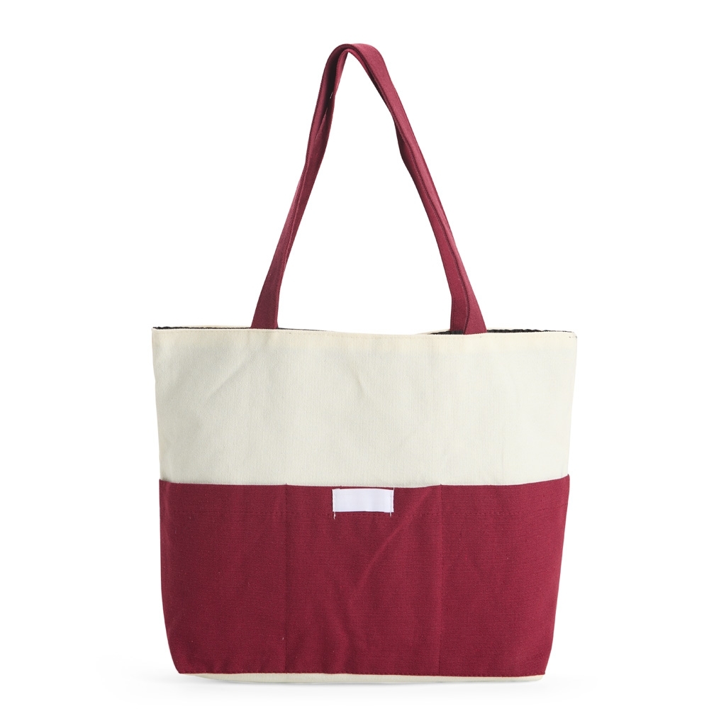 Sacola de lona 356 g/m² com bolso frontal personalizada com a logo da empresa, na cor vinho