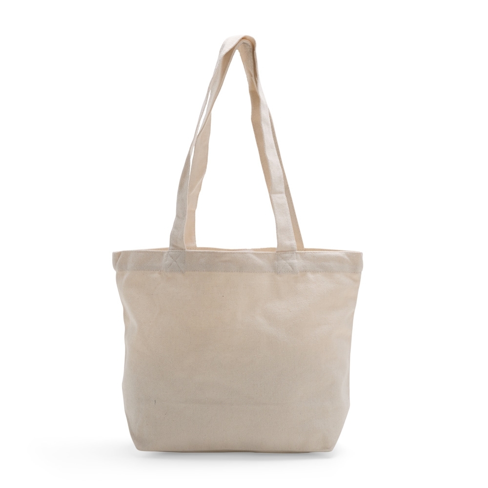 Sacola de lona (24 x 35 x 12 cm) personalizada com a logo da empresa, na cor bege