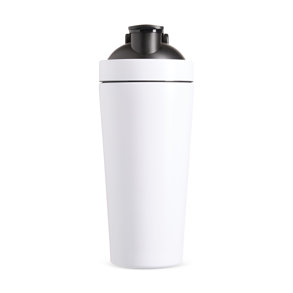 Coqueteleira inox 900 ml com alça personalizada com a logo da empresa, na cor branco