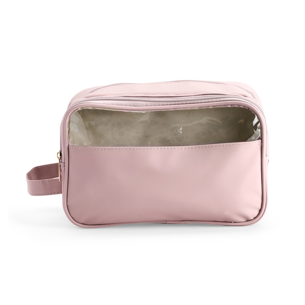 Nécessaire poliuretano de couro sintético impermeável personalizada com a logo da empresa, na cor rosa