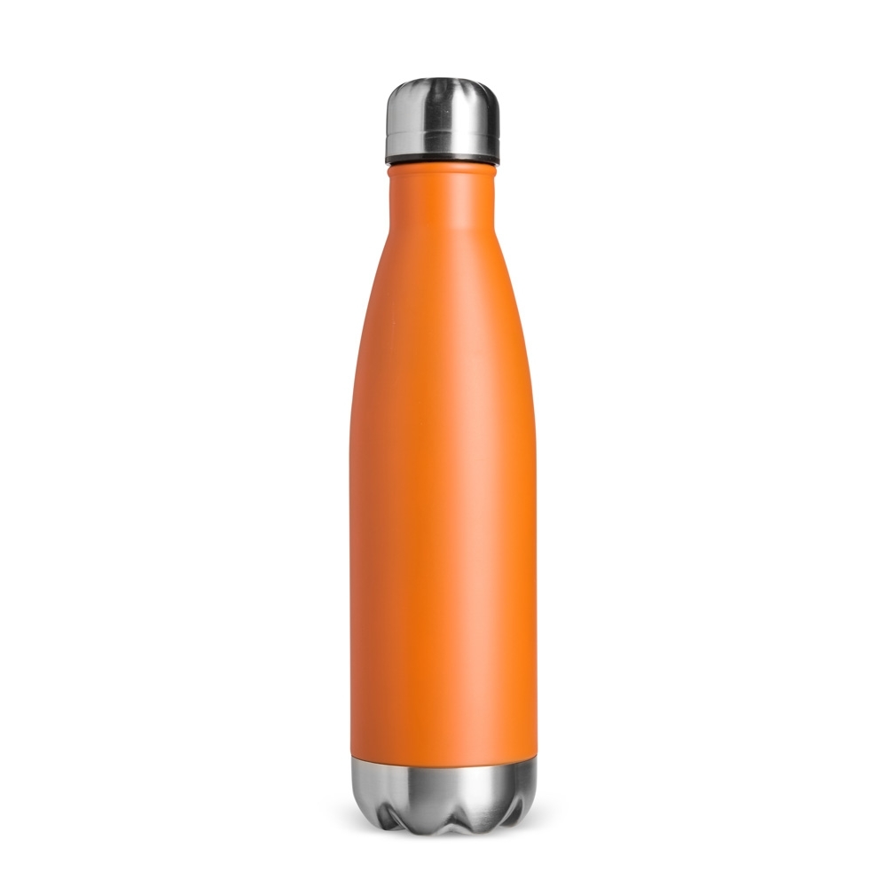 Garrafa térmica 500 ml de inox com pintura em spray personalizada com a logo da empresa, na cor laranja