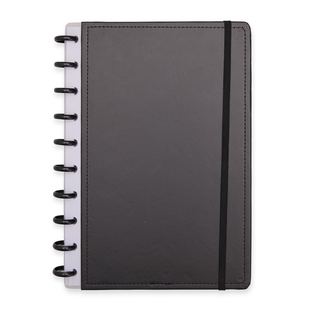 Caderno de disco com capa dura de papelão e 80 folhas na cor Preto, personalizado com a logo da empresa