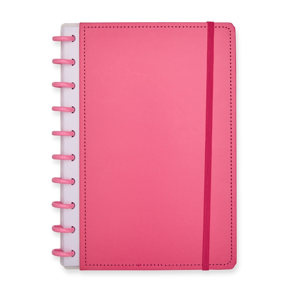 Caderno de disco com capa dura de papelão e 80 folhas personalizado com a logo da empresa, na cor rosa