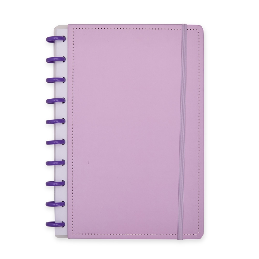 Caderno de disco com capa dura de papelão e 80 folhas personalizado com a logo da empresa, na cor roxo