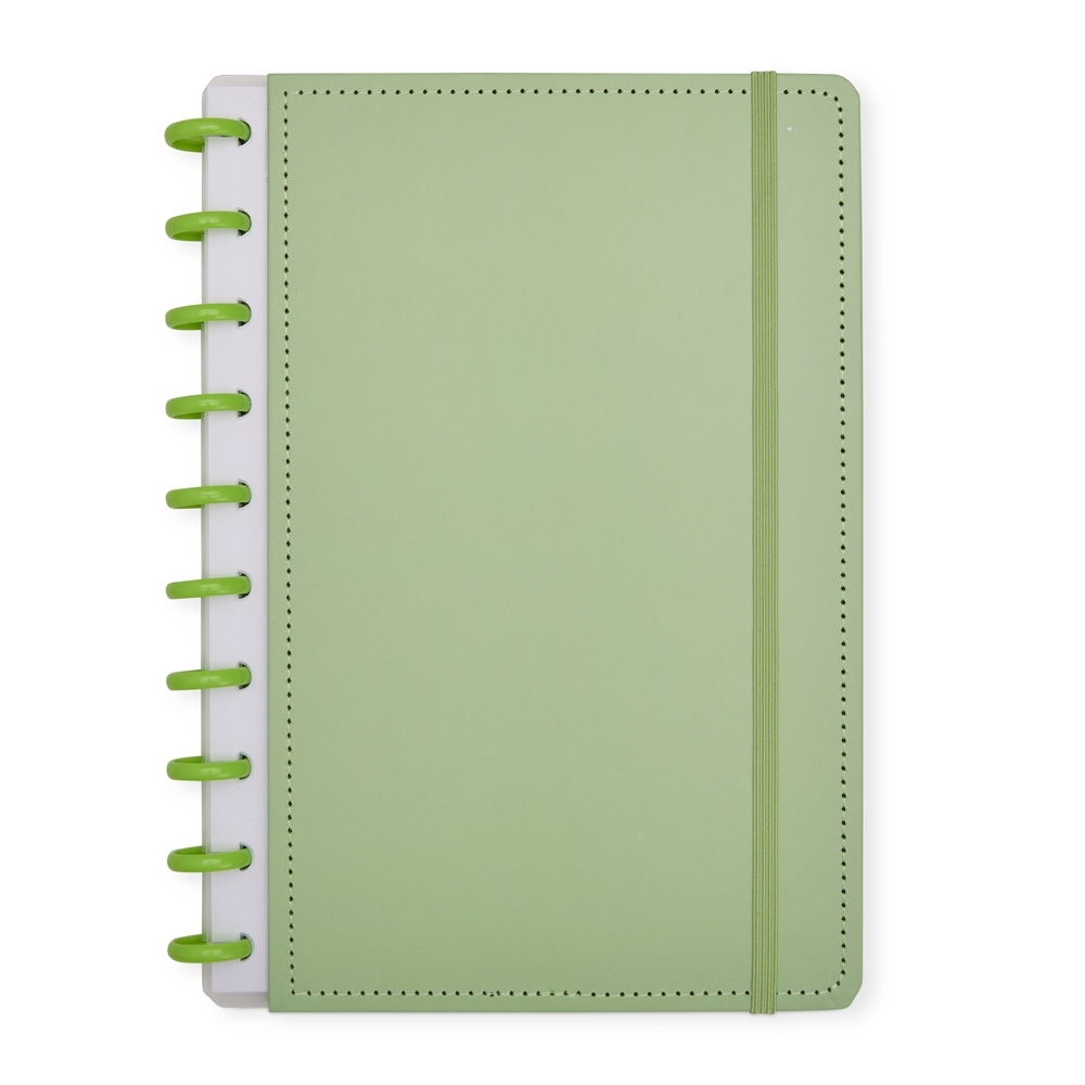 Caderno de disco com capa dura de papelão e 80 folhas personalizado com a logo da empresa, na cor verde