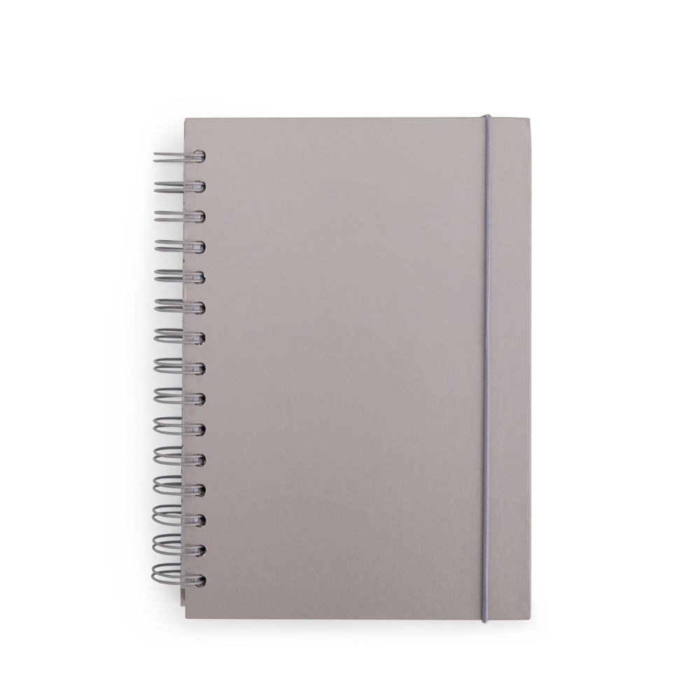 Caderno couchê com capa dura e espiral na cor Cinza, personalizado com a logo da empresa