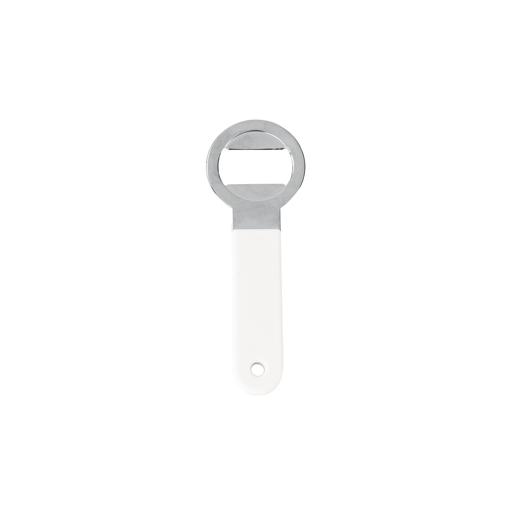 Abridor de garrafa aço personalizado com a logo da empresa, na cor branco / inox