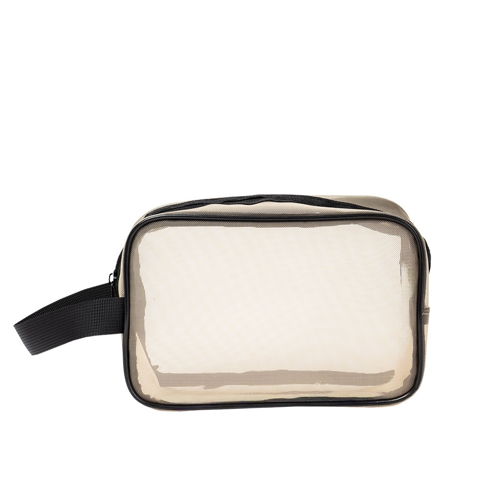 Nécessaire de malha de nylon (13 x 20 x 7 cm) personalizada com a logo da empresa, na cor bege