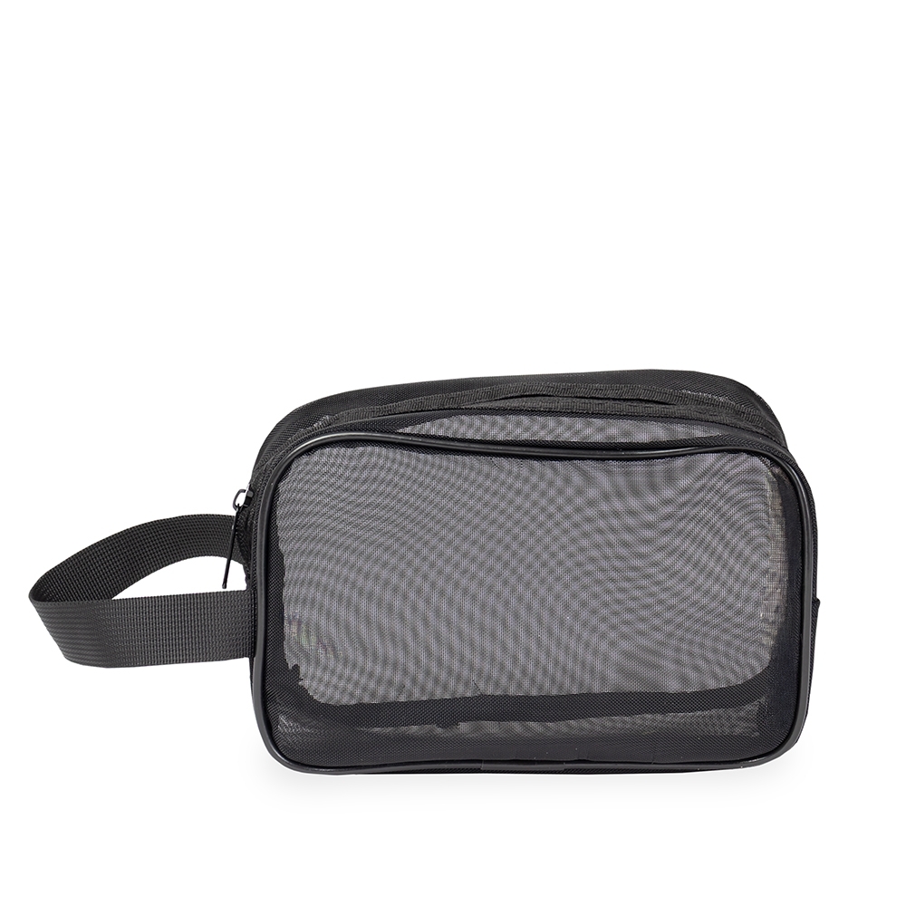 Nécessaire de malha de nylon (13 x 20 x 7 cm) na cor Preto, personalizada com a logo da empresa