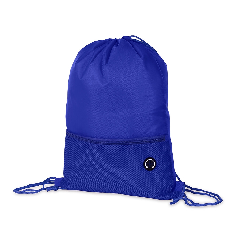 Mochila saco poliéster na cor Azul, personalizada com a logo da empresa