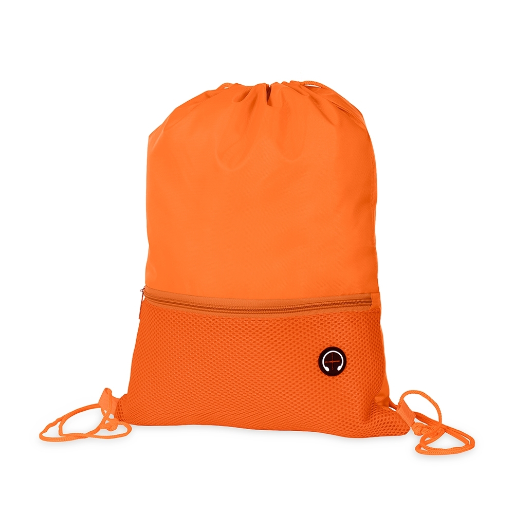 Mochila saco poliéster personalizada com a logo da empresa, na cor laranja