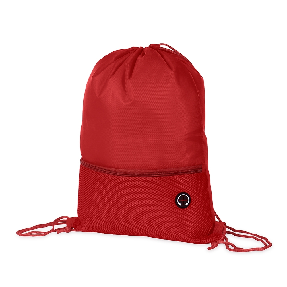 Mochila saco poliéster personalizada com a logo da empresa, na cor vermelho