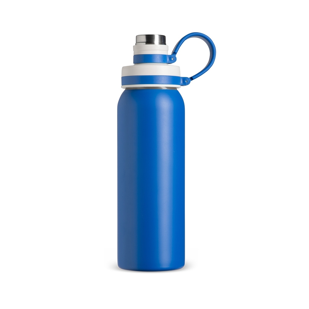 Garrafa inox 800 ml com protetor de bocal e alça de silicone personalizada com a logo da empresa