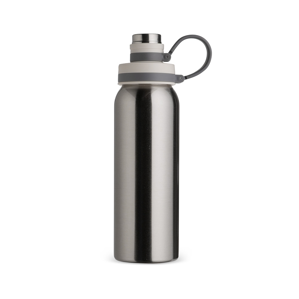 Garrafa inox 800 ml com protetor de bocal e alça de silicone personalizada com a logo da empresa, na cor prata