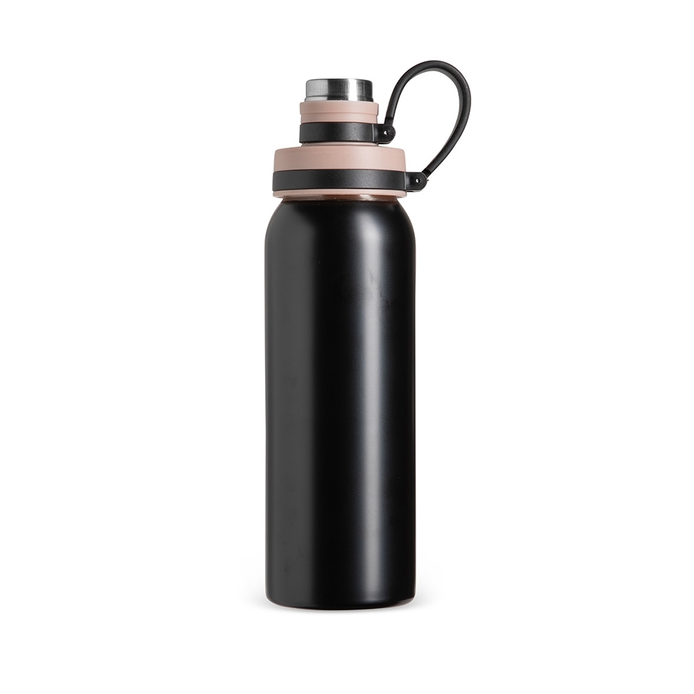 Garrafa inox 800 ml com protetor de bocal e alça de silicone na cor Preto, personalizada com a logo da empresa