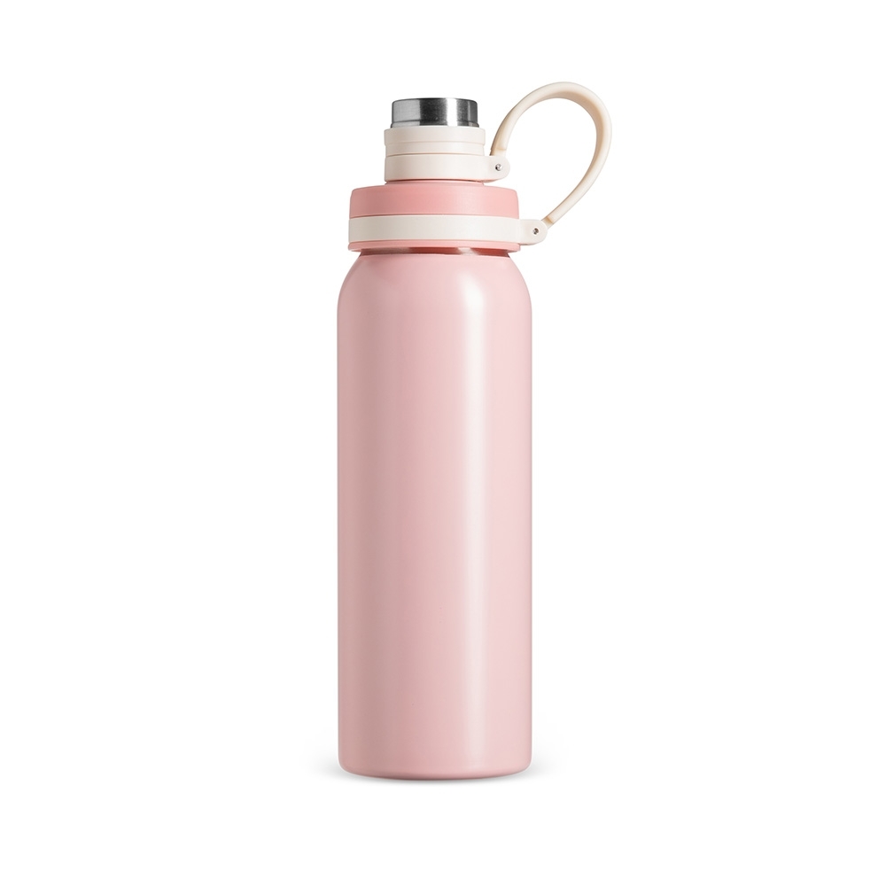 Garrafa inox 800 ml com protetor de bocal e alça de silicone personalizada com a logo da empresa, na cor rosa