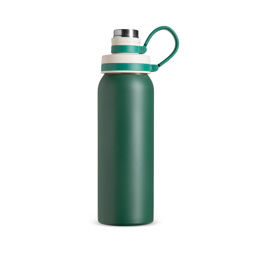 Garrafa inox 800 ml com protetor de bocal e alça de silicone personalizada com a logo da empresa, na cor verde