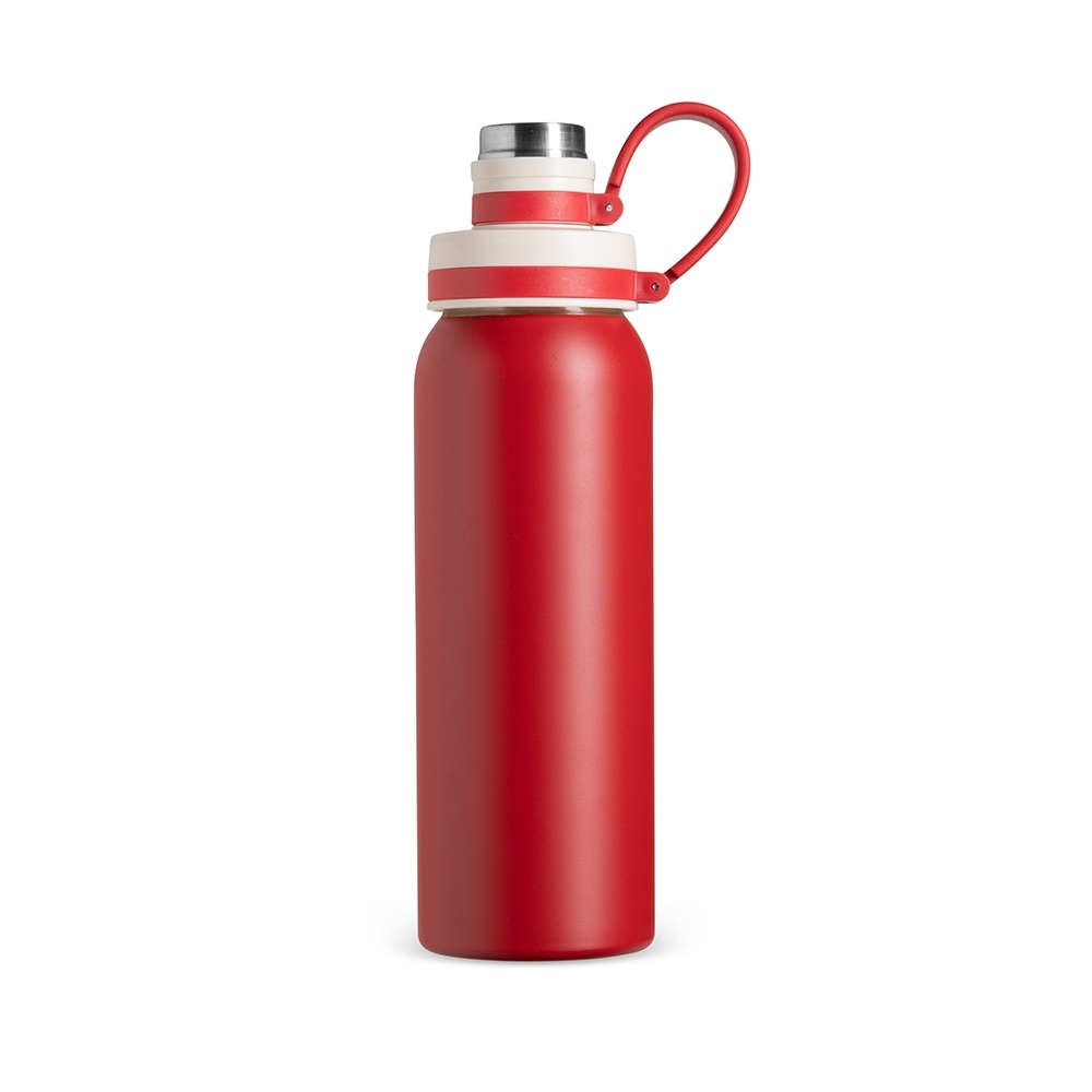 Garrafa inox 800 ml com protetor de bocal e alça de silicone personalizada com a logo da empresa, na cor vermelho