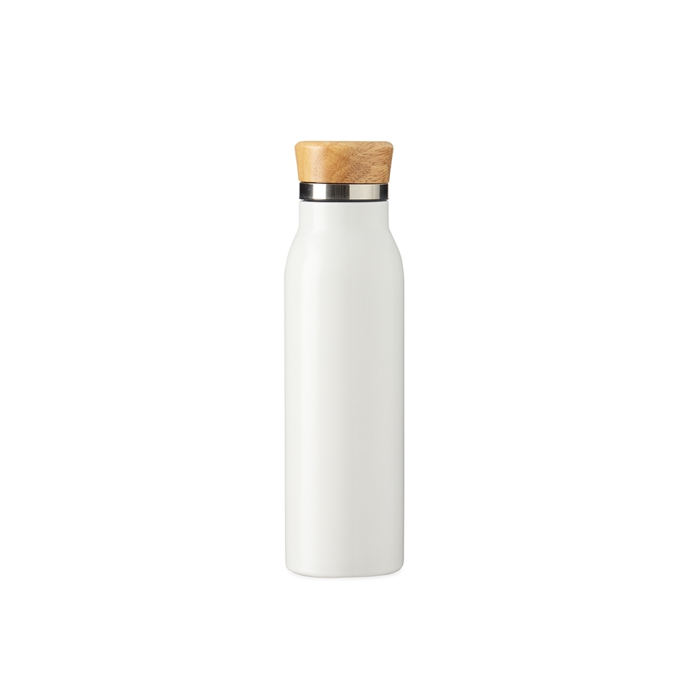 Garrafa térmica 600 ml de inox com tampa de bambu personalizada com a logo da empresa, na cor branco