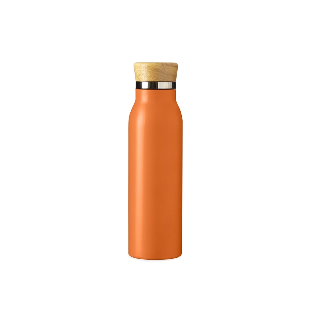 Garrafa térmica 600 ml de inox com tampa de bambu personalizada com a logo da empresa, na cor laranja