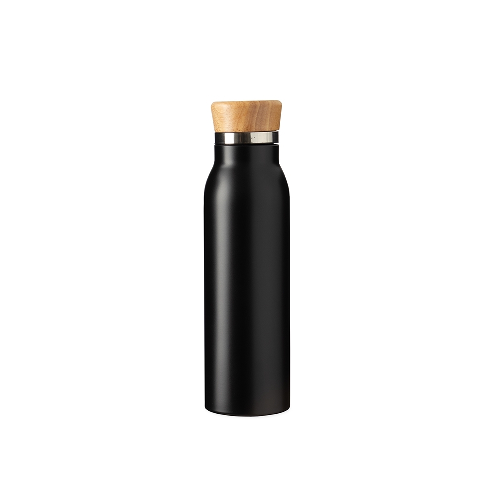 Garrafa térmica 600 ml de inox com tampa de bambu na cor Preto, personalizada com a logo da empresa