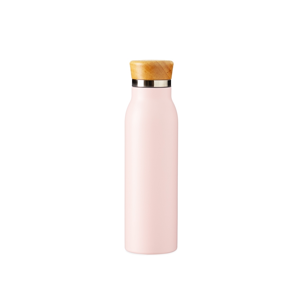 Garrafa térmica 600 ml de inox com tampa de bambu personalizada com a logo da empresa, na cor rosa