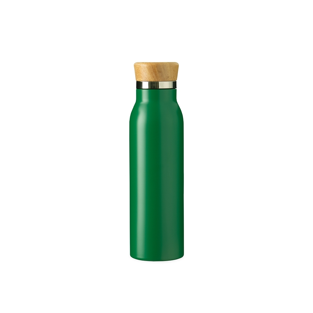 Garrafa térmica 600 ml de inox com tampa de bambu personalizada com a logo da empresa, na cor verde