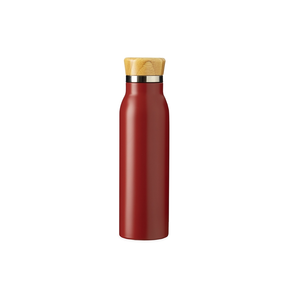 Garrafa térmica 600 ml de inox com tampa de bambu personalizada com a logo da empresa, na cor vermelho