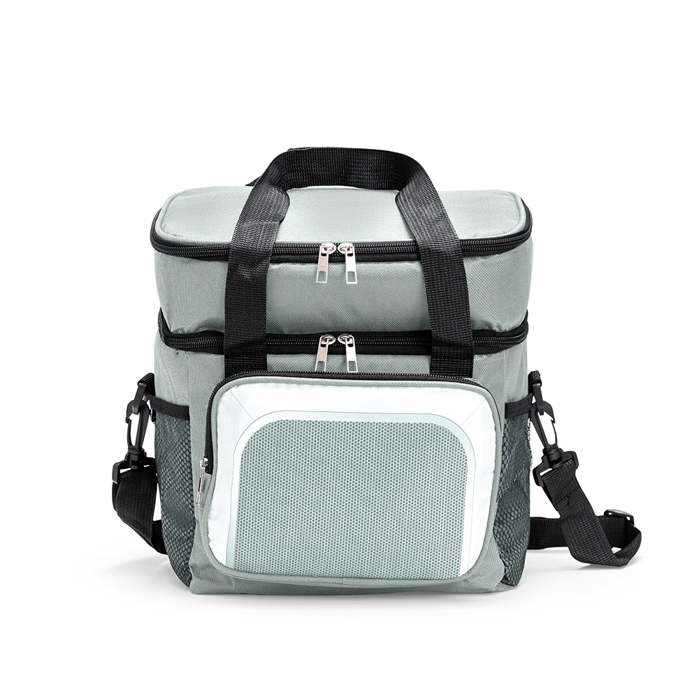 Bolsa térmica dupla 12 litros de tecido oxford com 2 compartimentos na cor Cinza, personalizada com a logo da empresa