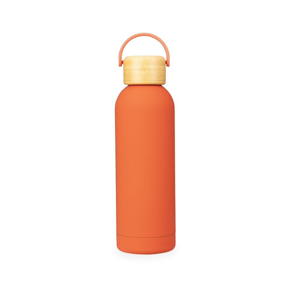 Garrafa térmica 500 ml com tampa de bambu e alça personalizada com a logo da empresa, na cor laranja