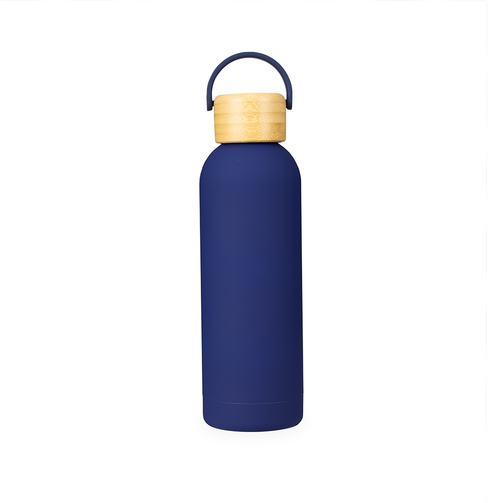 Garrafa térmica 500 ml com tampa de bambu e alça personalizada com a logo da empresa, na cor verde