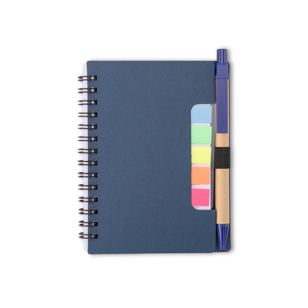 Bloco de anotações com autoadesivos e caneta (14,1 x 10,5 cm) personalizado com a logo da empresa, na cor azul