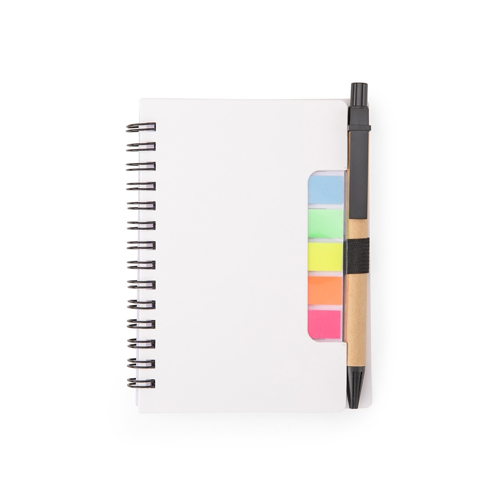 Bloco de anotações com autoadesivos e caneta (14,1 x 10,5 cm) na cor Branco, personalizado com a logo da empresa