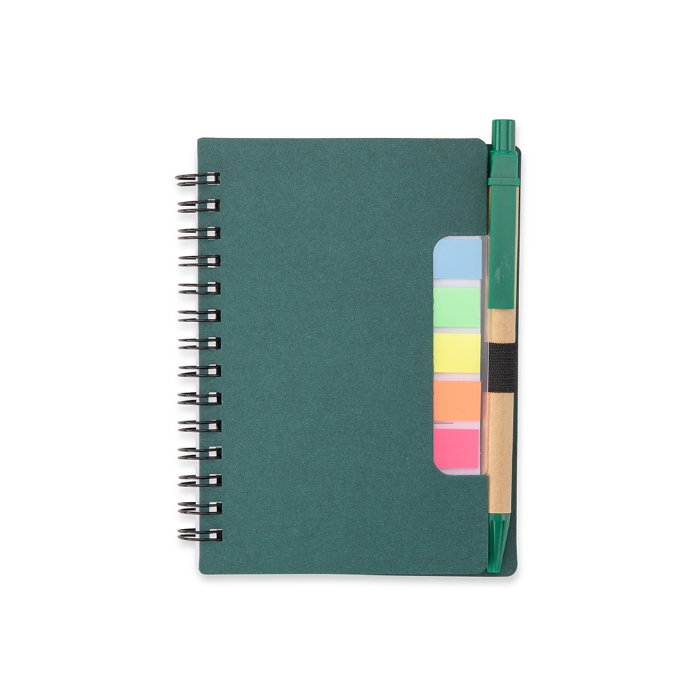 Bloco de anotações com autoadesivos e caneta (14,1 x 10,5 cm) personalizado com a logo da empresa, na cor verde