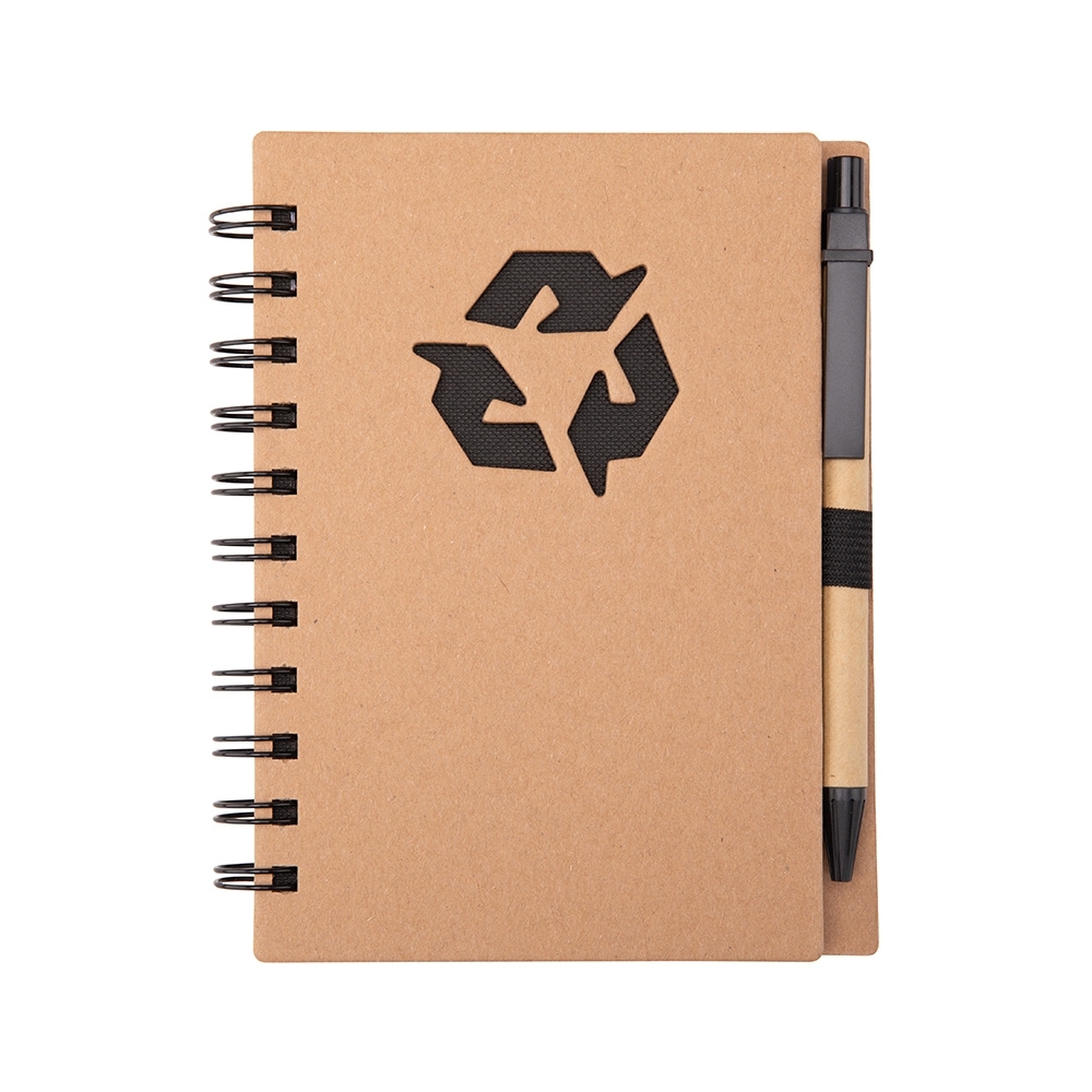 Caderno ecológico com caneta e capa dura na cor Preto, personalizado com a logo da empresa