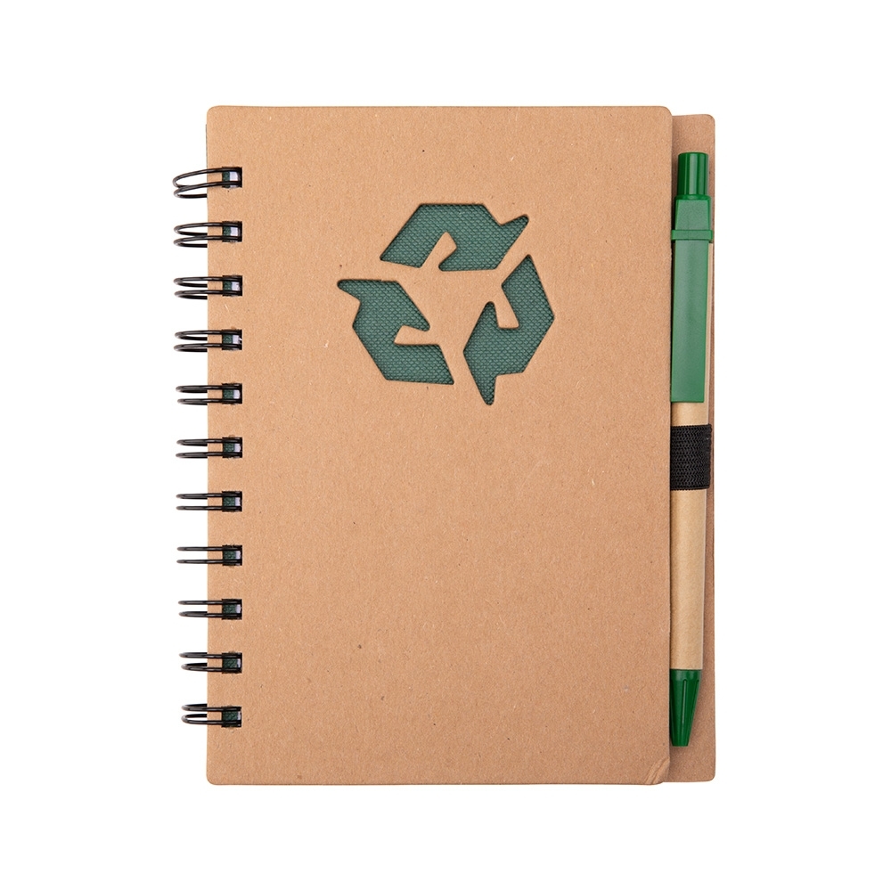 Caderno ecológico com caneta e capa dura personalizado com a logo da empresa, na cor verde