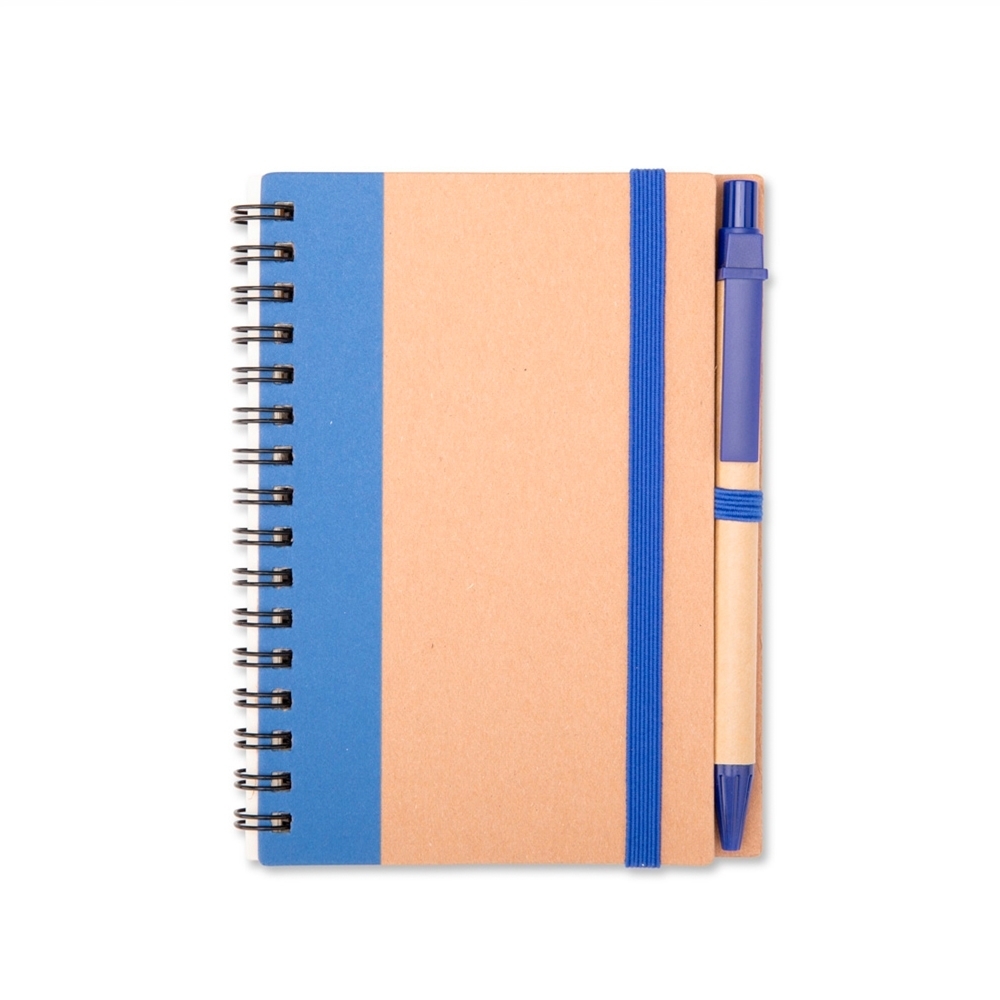 Caderno ecológico pautado com caneta e espiral personalizado com a logo da empresa