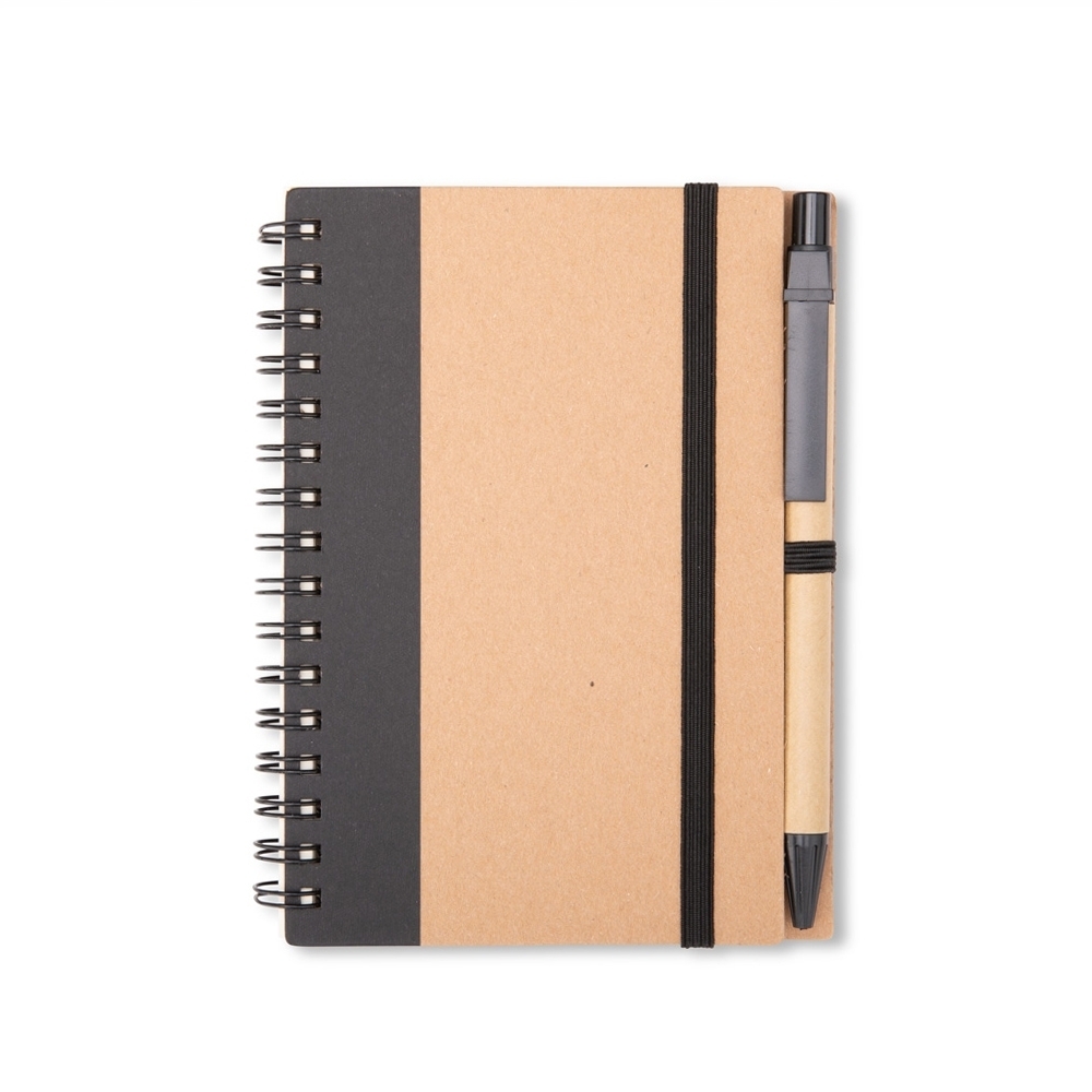 Caderno ecológico pautado com caneta e espiral na cor Preto, personalizado com a logo da empresa